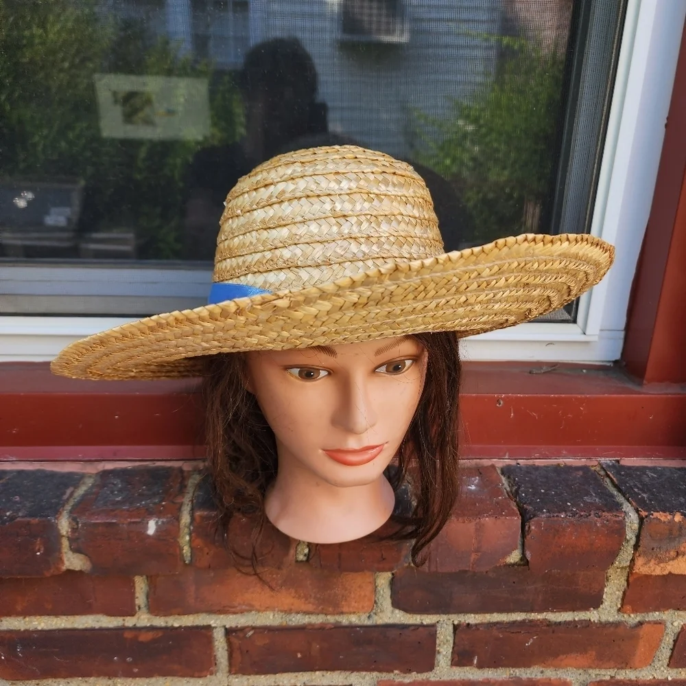 Vintage Straw Sun Hat Blue Ribbon Flower Wide Brim Beach Garden Party NWT - Picture 4 of 6